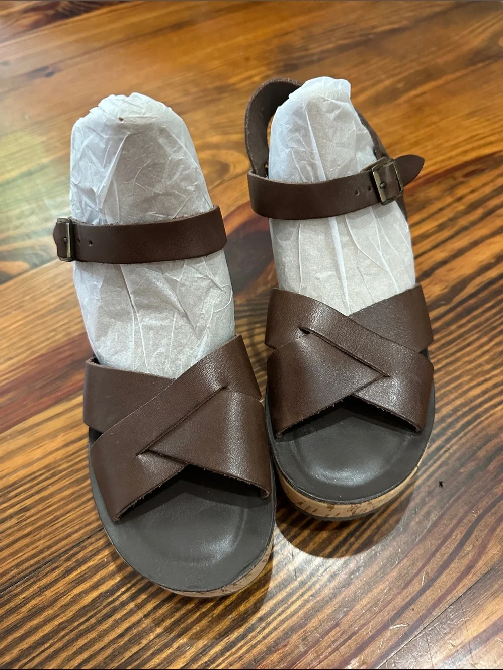 Kork-Ease Dark Brown Leather Cork Wedge Sandals